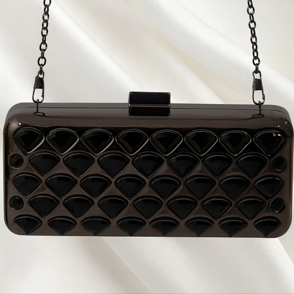 Glossy Black & Grey Quilted Clutch w/ Chain Strap — Luxury Evening Purse 7x3x1"